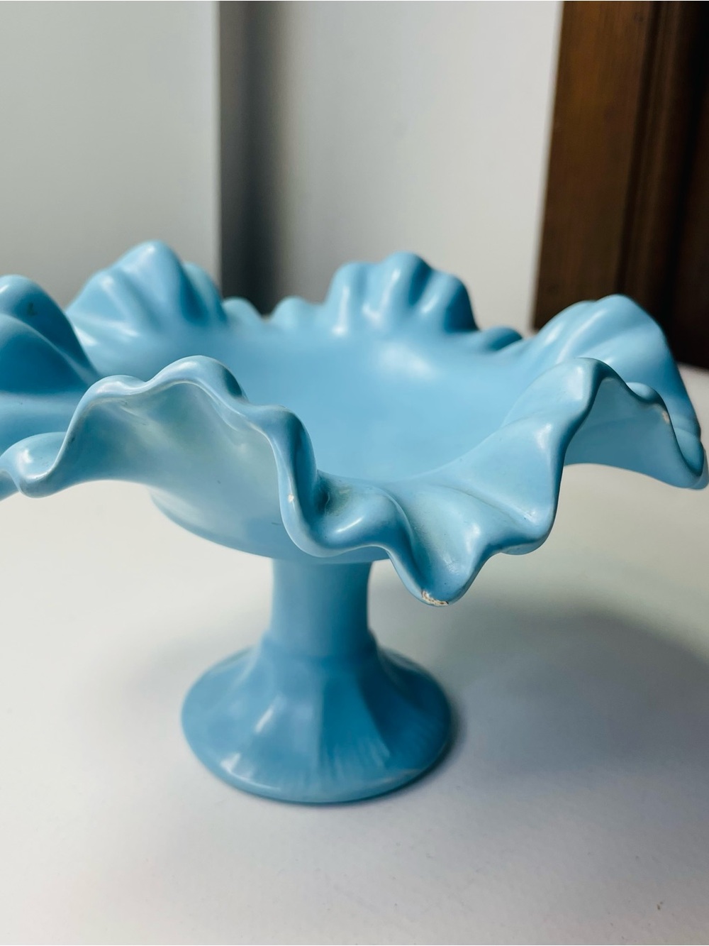 Blue Ruffled Pedestal Bowl - Home Art Decorative Centerpiece